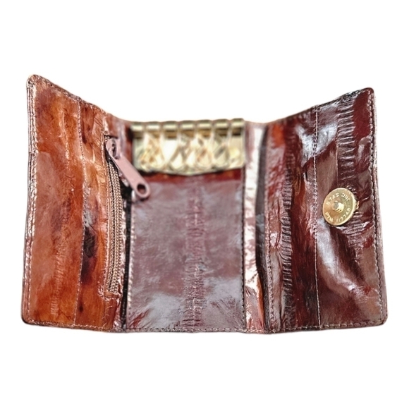 Genuine EEL Skin Leather Key Case Chain Brown Tri-Fold  Coin Pocket Wall… - Picture 3 of 5